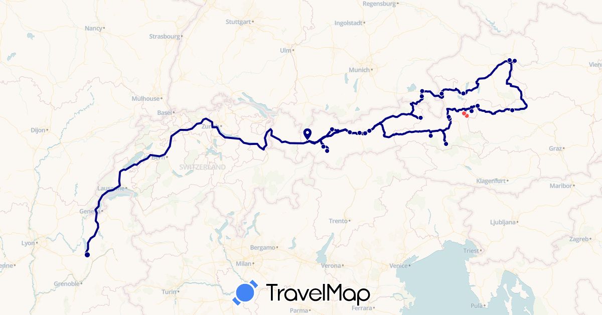 TravelMap itinerary: driving, hiking in Austria, Germany, France (Europe)