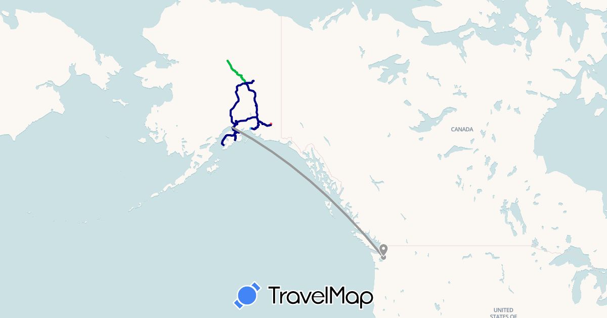 TravelMap itinerary: driving, bus, plane, hiking, boat in United States (North America)