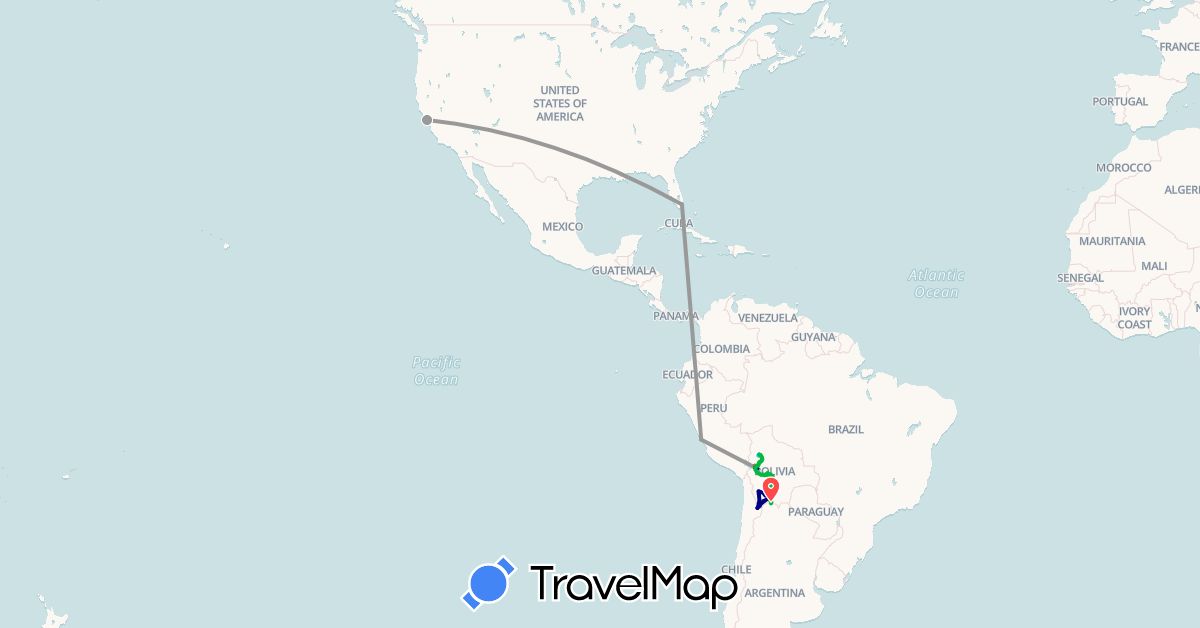 TravelMap itinerary: driving, bus, plane, hiking, boat in Argentina, Bolivia, Peru, United States (North America, South America)