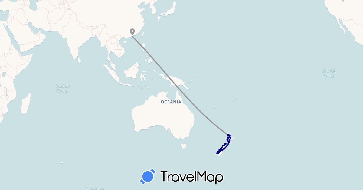 TravelMap itinerary: driving, plane, hiking, boat in China, New Zealand (Asia, Oceania)