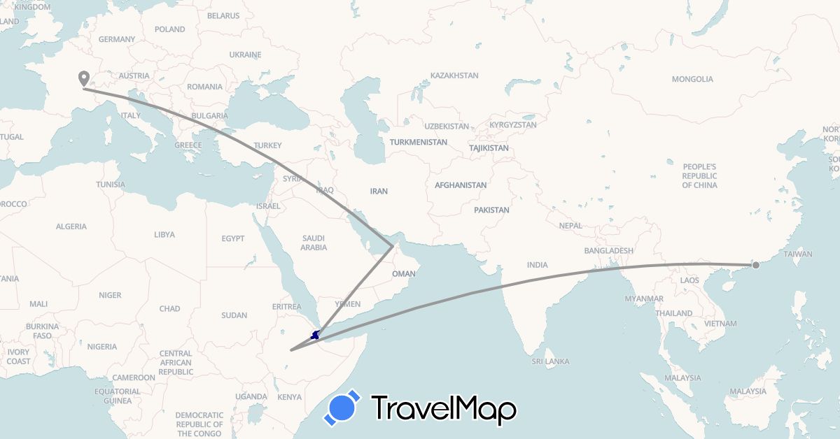 TravelMap itinerary: driving, plane, boat in United Arab Emirates, China, Djibouti, Ethiopia, France (Africa, Asia, Europe)